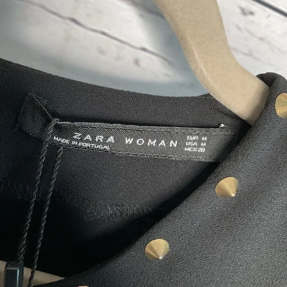 NWT Zara Black CrepeStudded Decor Button Collar&Back Mini Dress Women M Portugal